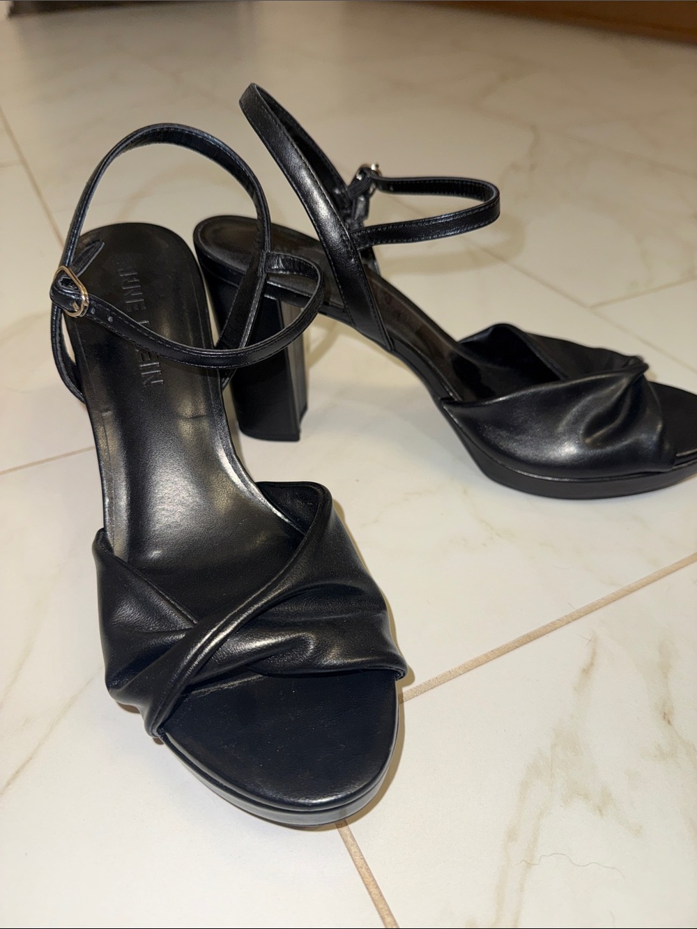 Anne Klein Black Knotted Strappy Block Heel Sandals